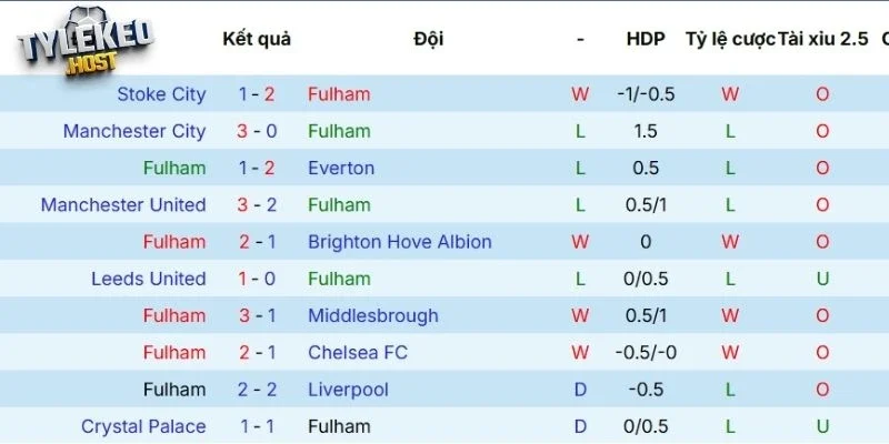 Hiệu suất thi đấu hiện tại của Fulham