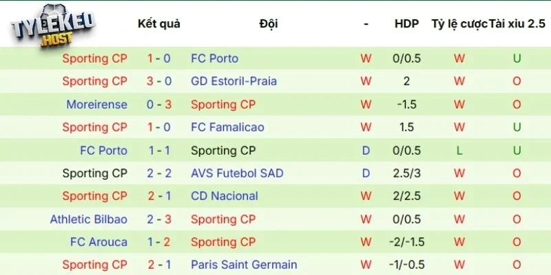 Thành tích thi đấu của Sporting CP thời gian gần đây