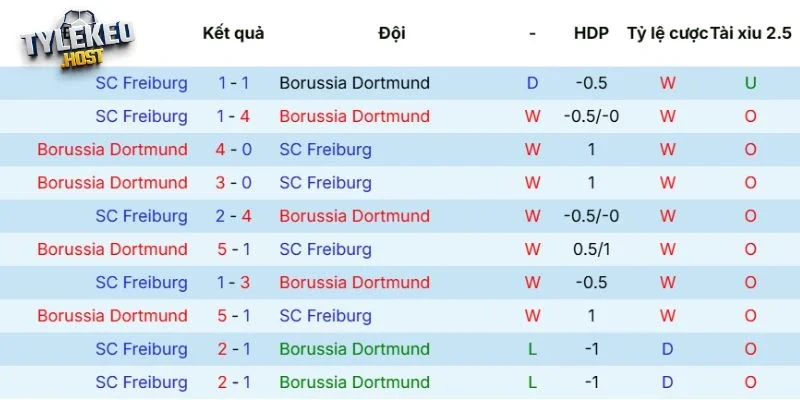 Lịch sử tranh tài giữa Dortmund vs Freiburg